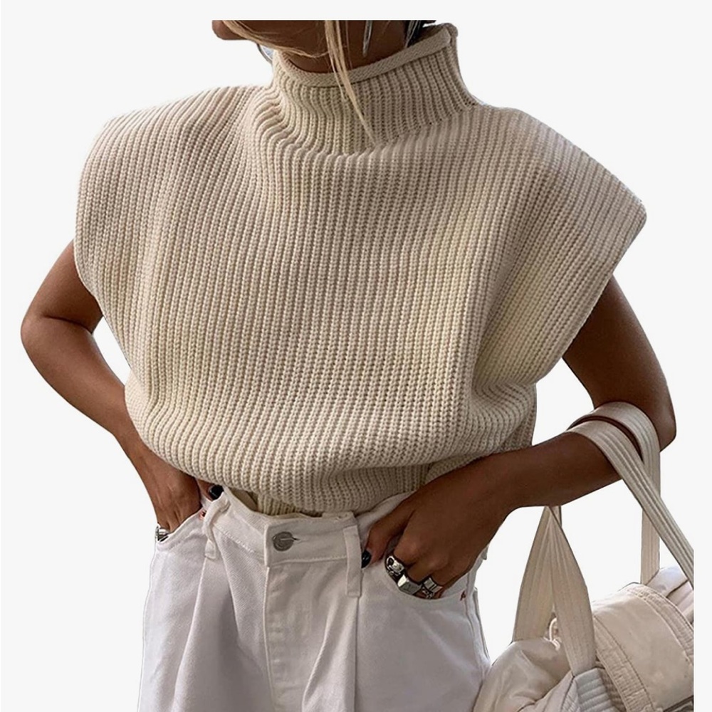 Sleeveless Turtleneck Sweater Vest Shoulder Pad KnittedCasual Solid Pullover